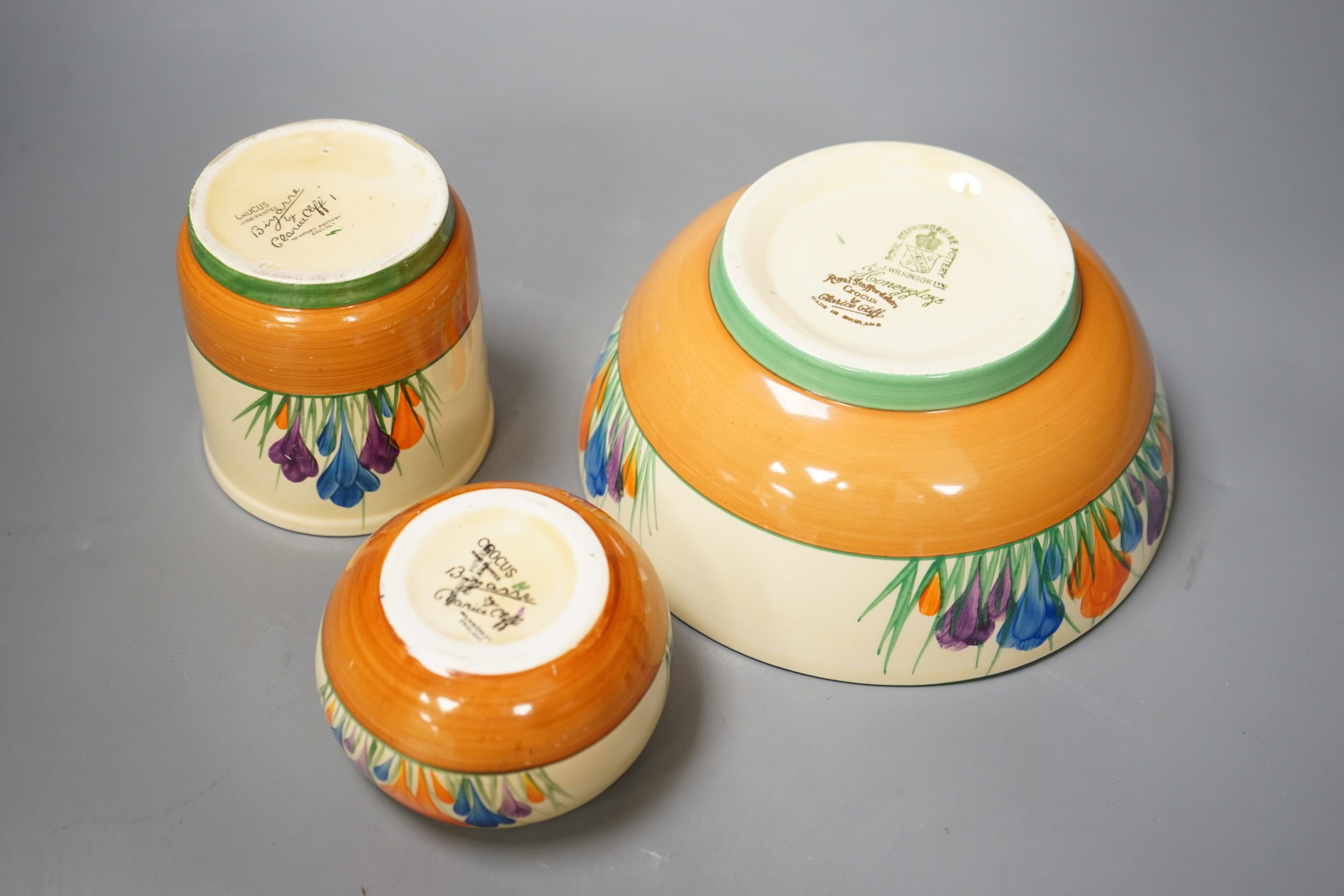 Three pieces of Clarice Cliff Crocus pattern, largest 19cm diameter